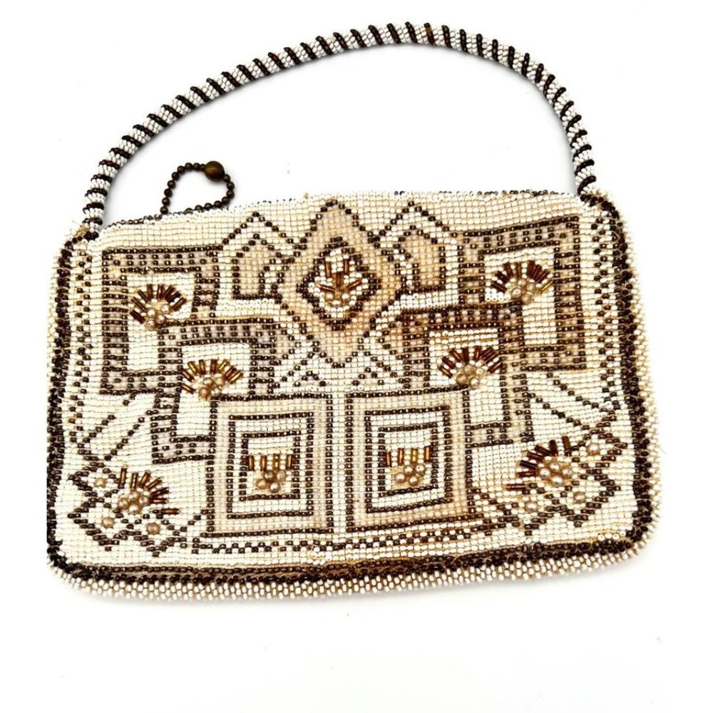 Vintage Art Deco Beaded Purse Bag Czechoslovakia Cream Brown Geometric Patterns - Picture 2 of 6